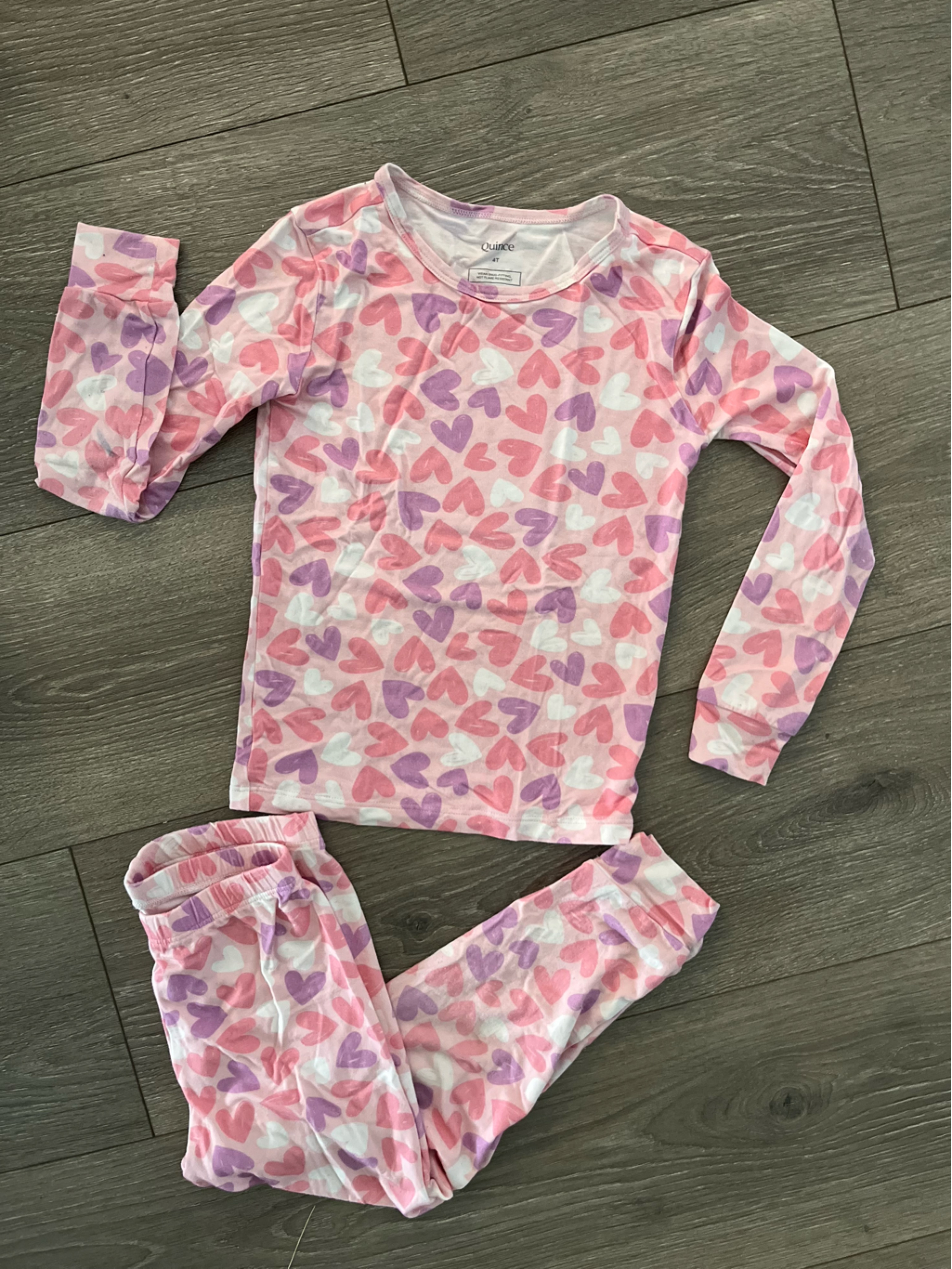 Nwot Quince Pink, Purple & White Heart Print Long Sleeve Bamboo Pajama Set Size